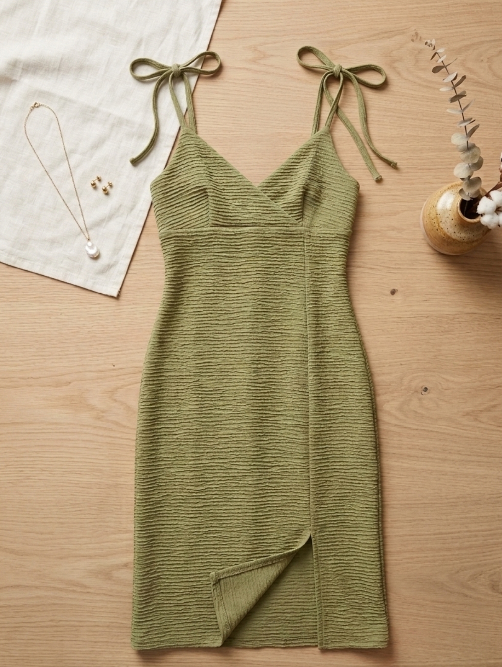 Firerie Green Bodycon Halter Tie Shoulder Strap Split Thigh Midi Cami Dress